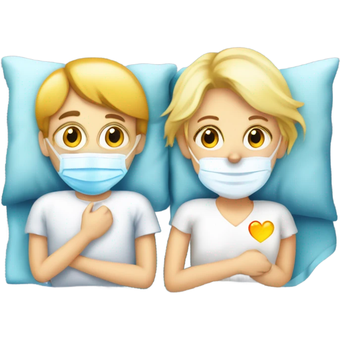 Two blonde children, sick, wearing masks, one Boy, one girl, sick in beds, at home, get well soon sign with yellow heart emoji