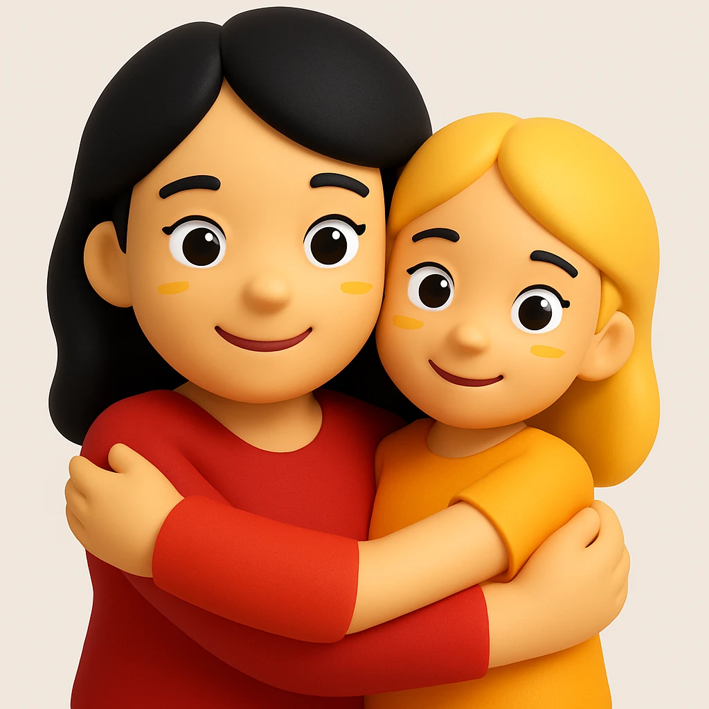 Change colors: girl with blonde hair and orange t-shirt, mother with black hair and red dress, in 3D emoji style. emoji