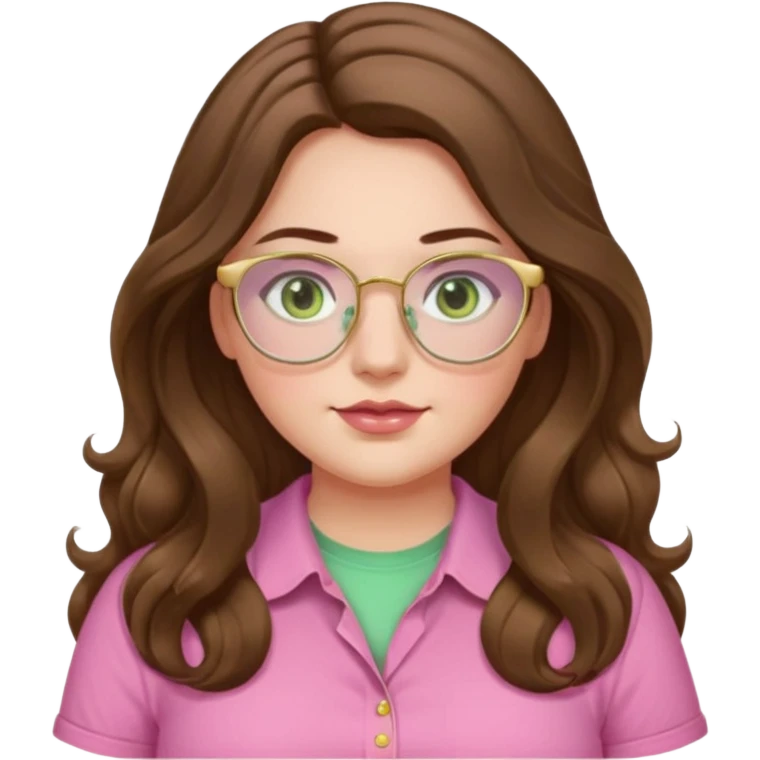 Girl girl long wavy brown hair with middle part, pale green eyes, plus size, pink shirt, gold rimmed glasses emoji