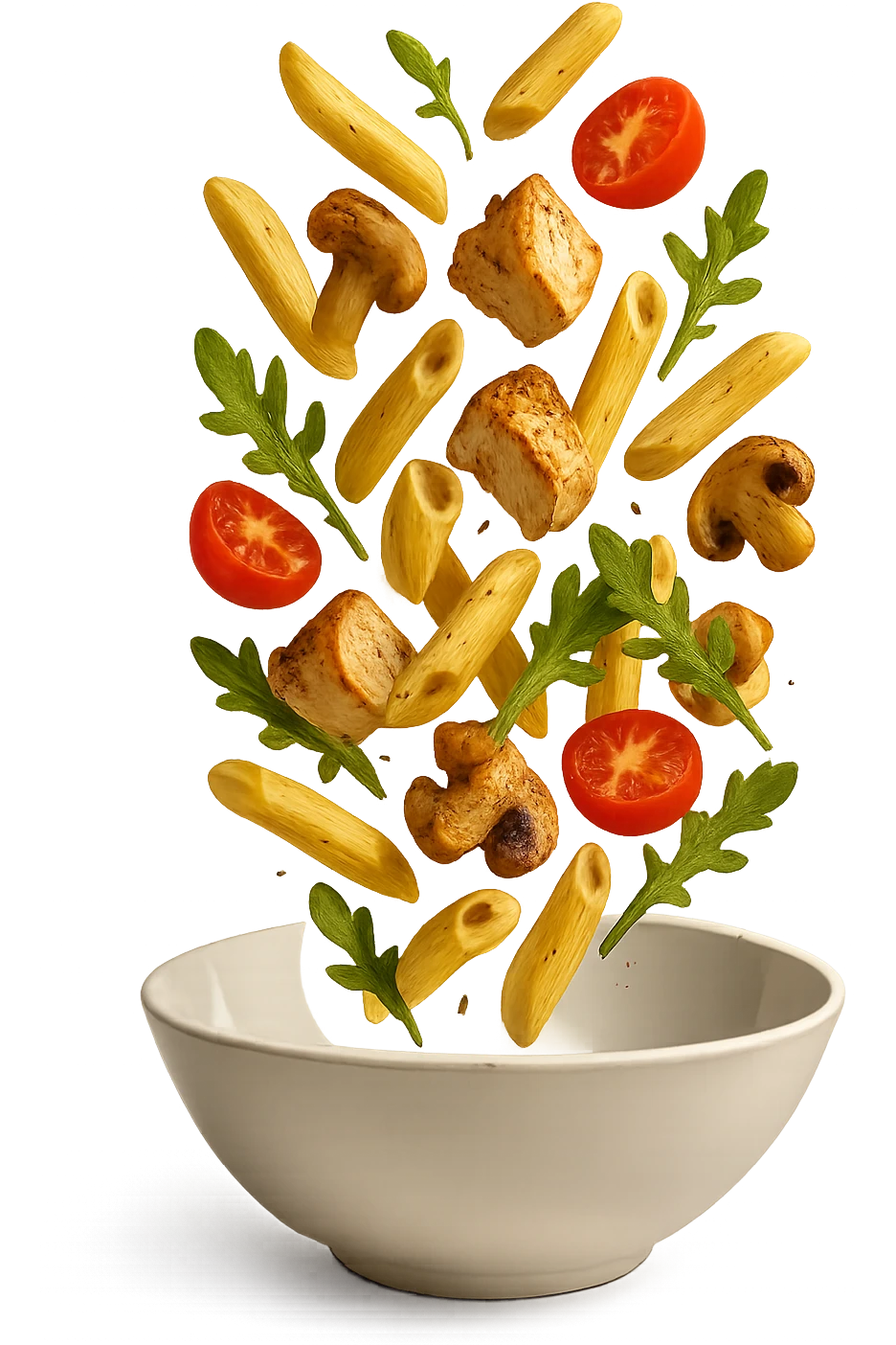 bowl in cui cade cibo da ristorante, iperrealistico 4k emoji