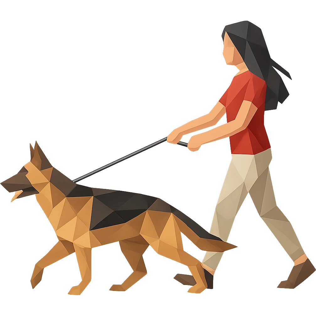 girl with long black hair walking a German Shepherd emoji