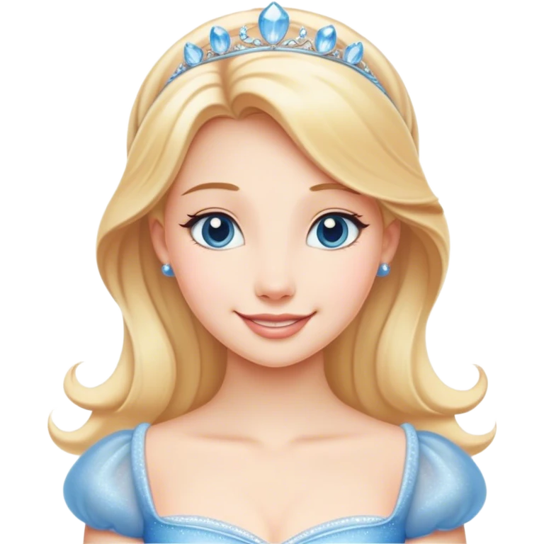 Cinematic Radiant Cinderella Portrait Emoji, rendered in a clean vector-style with bold proportions. Show Cinderella with a warm, serene smile, fair skin, and lustrous blonde hair, wearing a simple yet elegant dress that shimmers with gentle light. The image glows with an inviting, soft radiance and high shine, embodying timeless beauty. emoji
