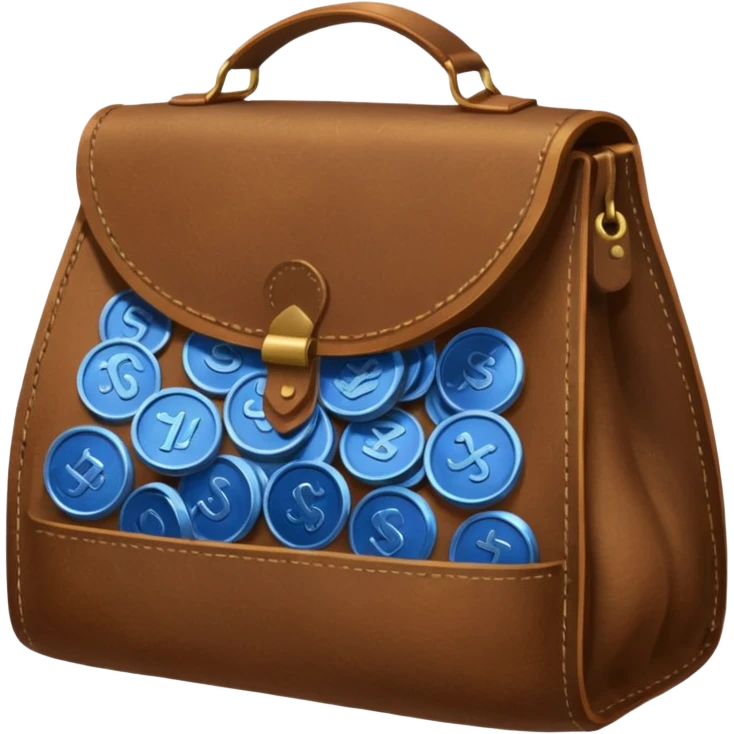 blue coins inside a brown leather bag  emoji