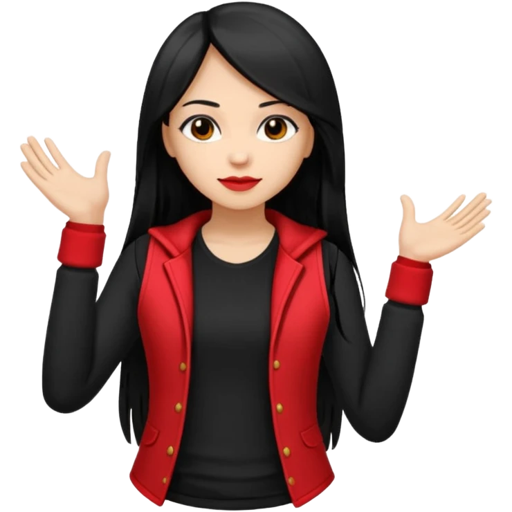 Girl with long light black straight hair and black vest and red and black stack of clothes long-sleeved on hands   emoji