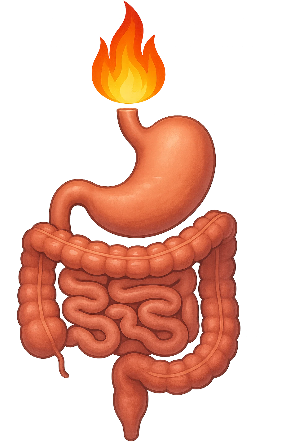 intestino e stomaco sono collegati, con una fiamma che brucia sopra, isolate su sfondo bianco emoji