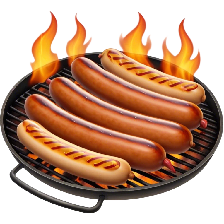 Cinematic Realistic Sausage Sizzle Dish Emoji, featuring sizzling sausages cooking over an open flame rendered with dynamic textures and warm, smoky lighting. emoji