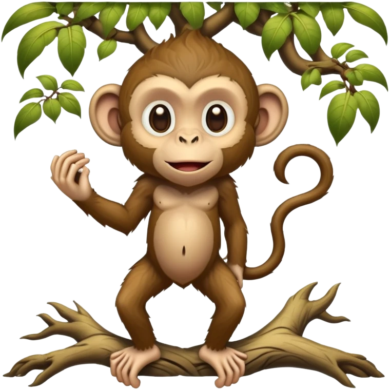 A mythical being standing on human feet with gnarly tree roots for legs and a playful monkey face emoji