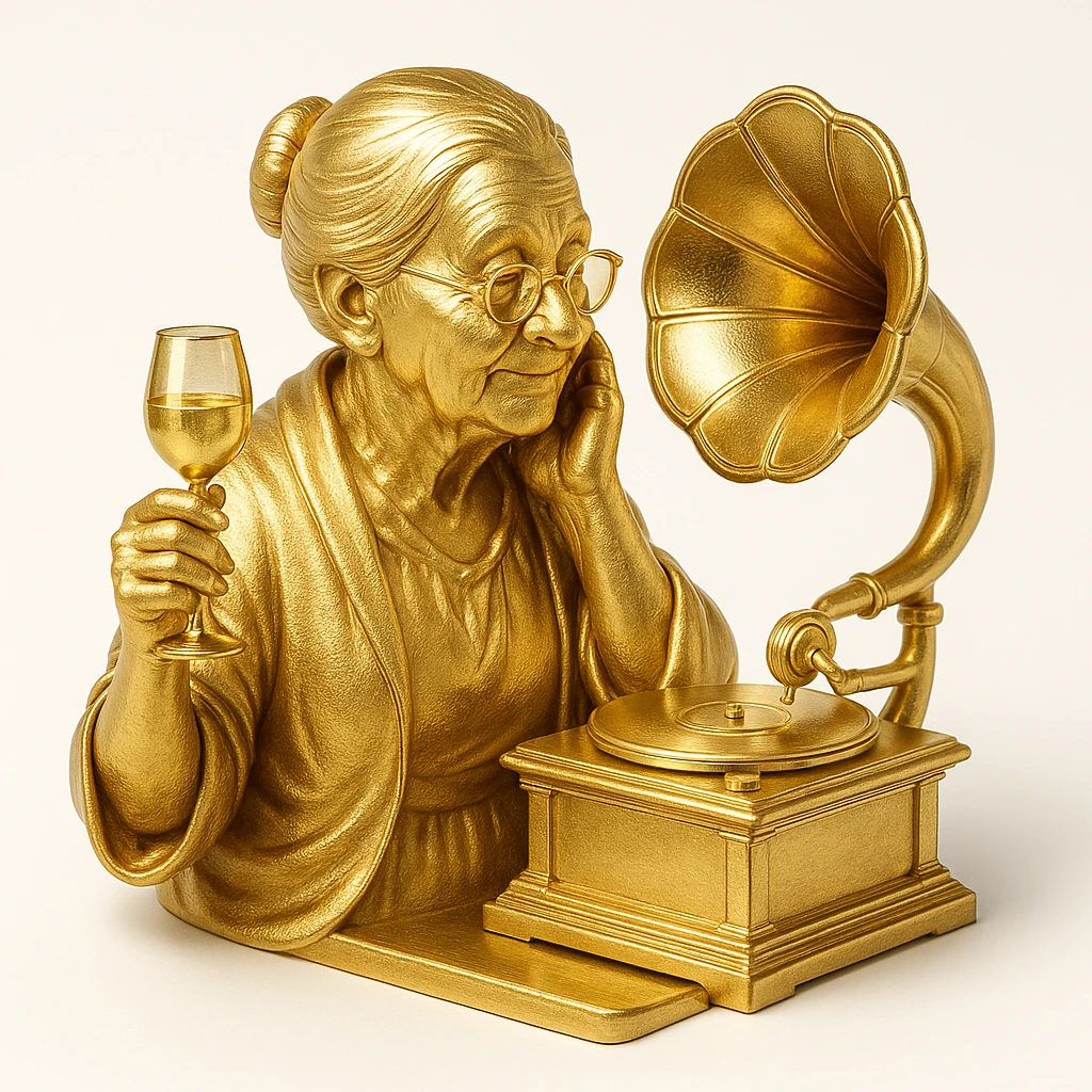 old lady with wineglass listening to gramophone emoji