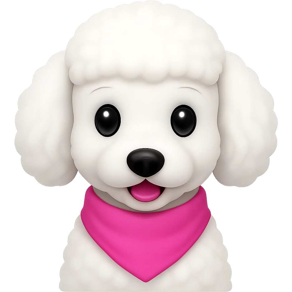 Edit the image of a poodle to be completely white with a pink scarf around its neck only, no other accessories, ears completely white, in emoji style, with no background. emoji