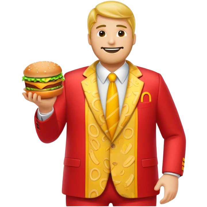 Guy in McDonald’s suit but dressed as Big Mac emoji