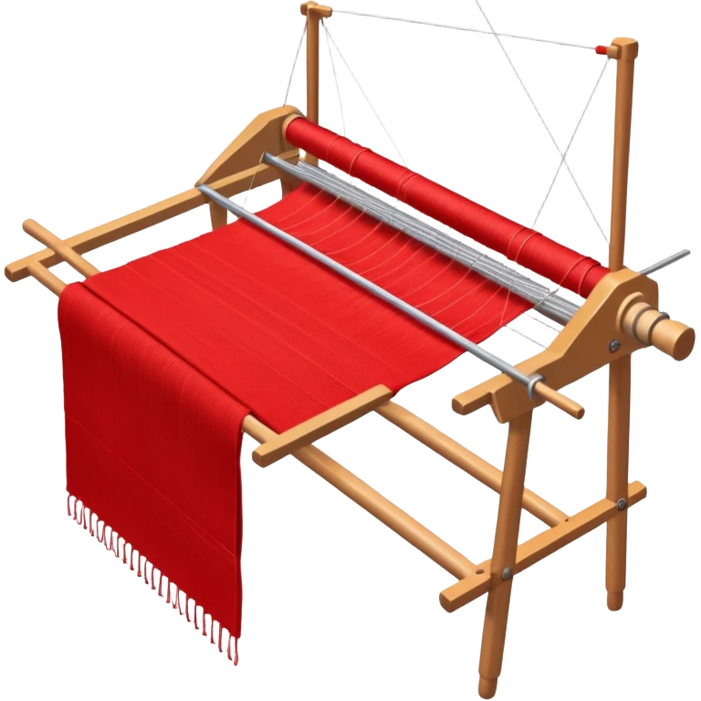 rigid heddle weaving loom set up for weaving a bright red scarf, with red yarn on a stick shuttle laying across the warp threads emoji