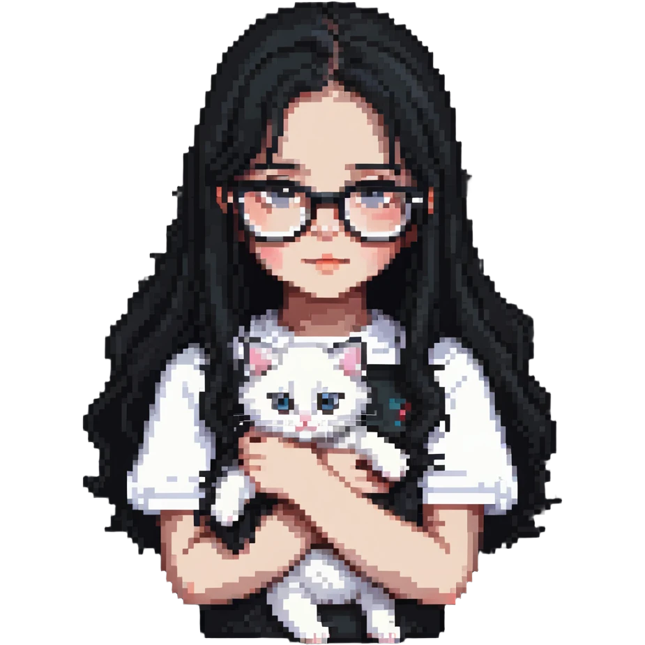 Beautiful girl with long black hair and glasses holding a white kitten emoji