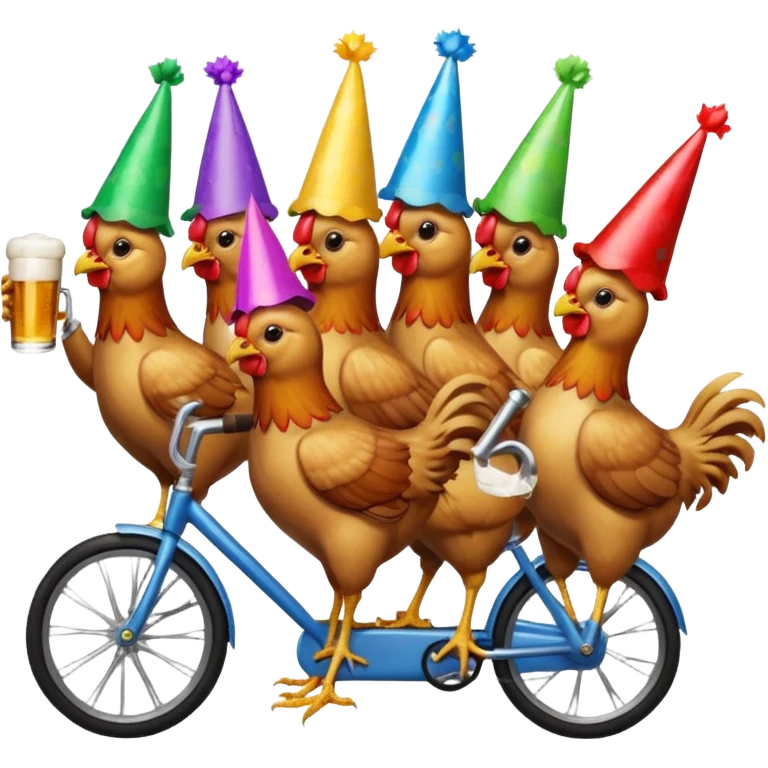 Ten chickens on a partybike while drinking beer emoji
