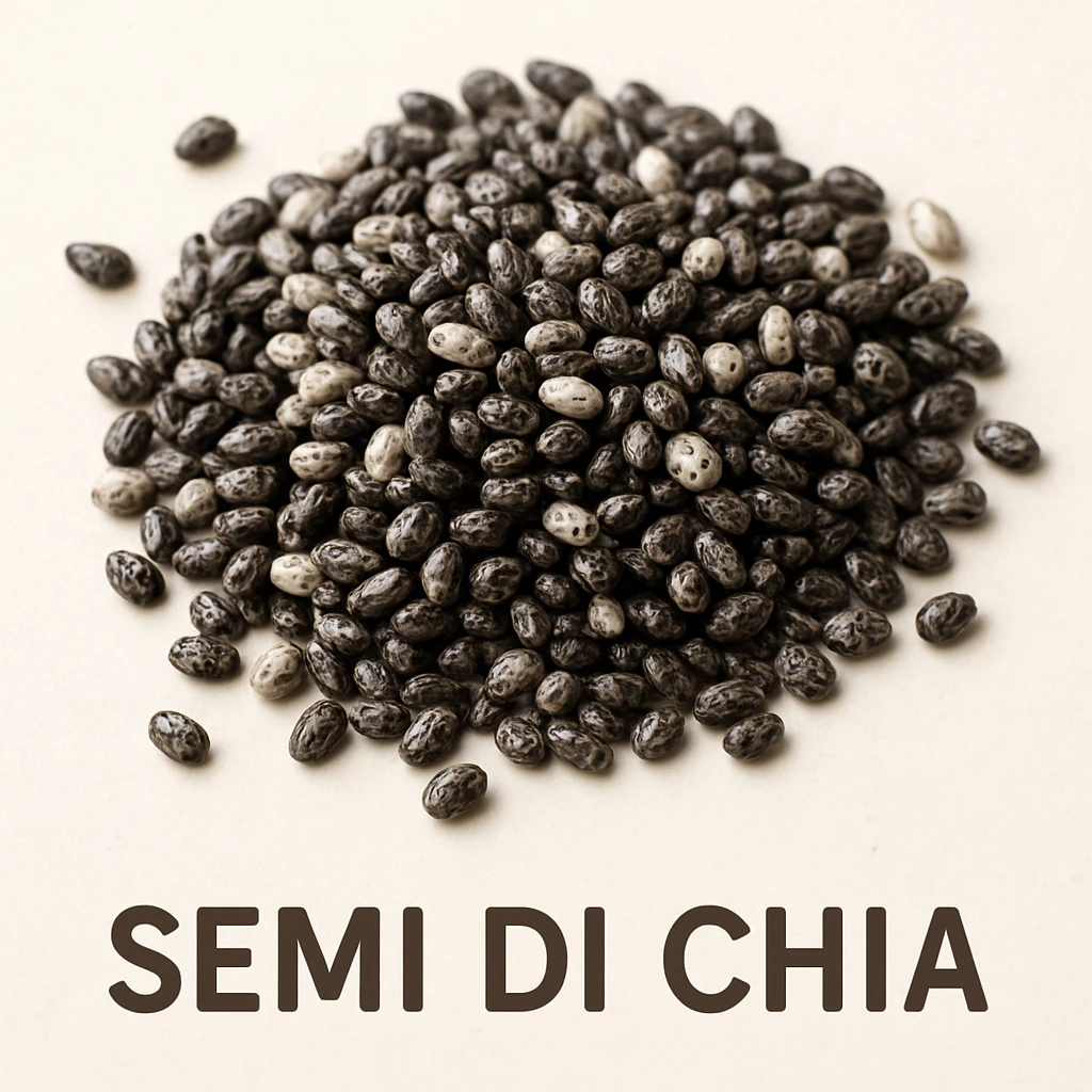 photo realistic close-up of black and white chia seeds on a light background with the text 'semi di chia' in Italian emoji