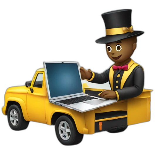 magician programming a laptop with an emoji of a truck on the laptop screen emoji