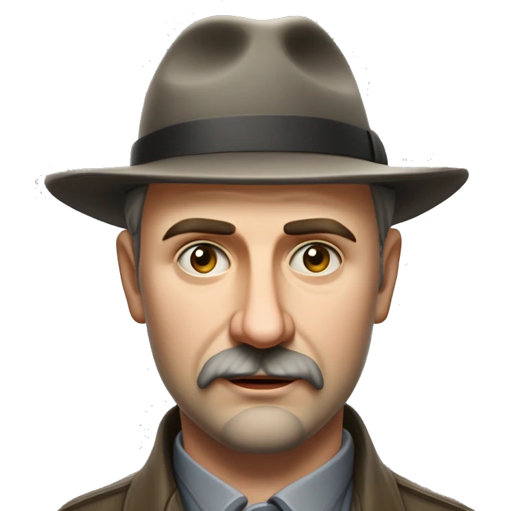 Russian writer Alexander Kuprin Photorealism A plump serious man of Slavic appearance with Small eyes with goatee beard and mustache, with a  short haircut, big detailed face, wrinkled face, wearing a fedora hat emoji