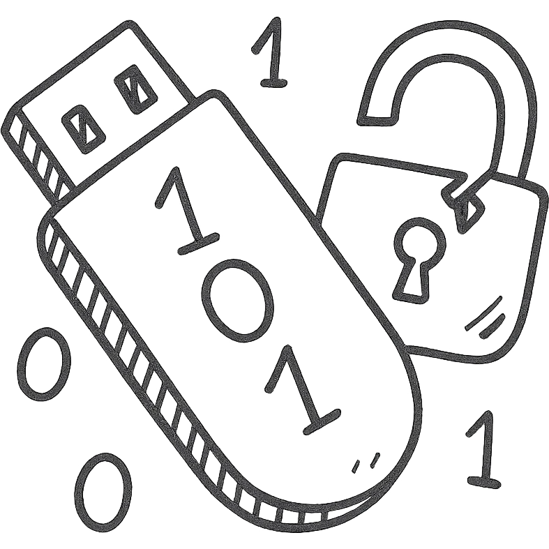 hand-drawn outlined icon of a USB drive and broken lock merged, tilted down-left, transparent, gray and black, with 1s and 0s inside emoji
