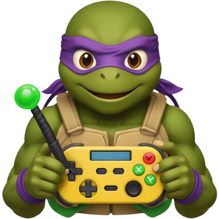 Donatello from Teenage Mutant Ninja Turtles, emoji style, holding a joystick, with a green hacking interface on the screen emoji