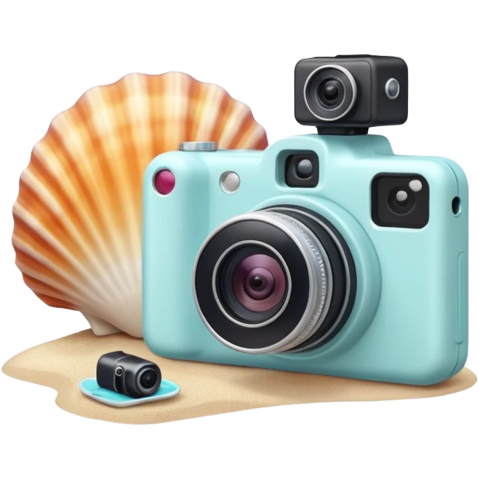 A seashell with a tiny camera next to it, symbolizing capturing beach memories. Playful, modern emoji style, soft pastel colors, white background. emoji