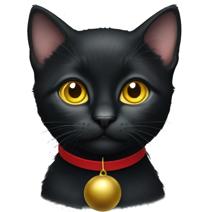 Black kitten with yellow eyes and a red collar with a little bell emoji