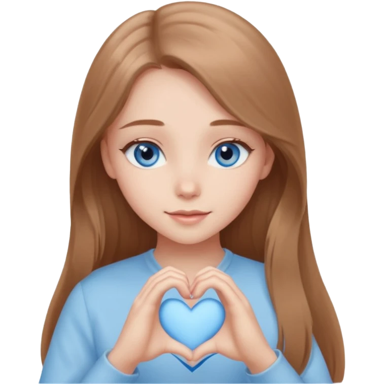 A girl with long light brown hair and blue eyes, soft pastel style, elegant, minimalistic, gentle light doing a heart with her hands emoji