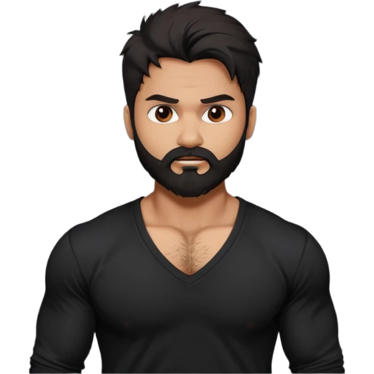generate a pretty bratz Shahid kapoor with heavy beard and looking angry.
Make him wear a black full sleeve v neck tshirt. muscular but still lean
He shoudl look like shahid kapoor. Long messy black hair emoji