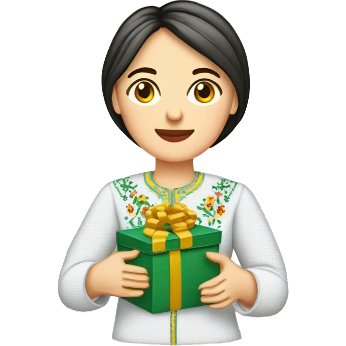 A female teacher in Ukrainian embroidery holds a gift in her hand emoji