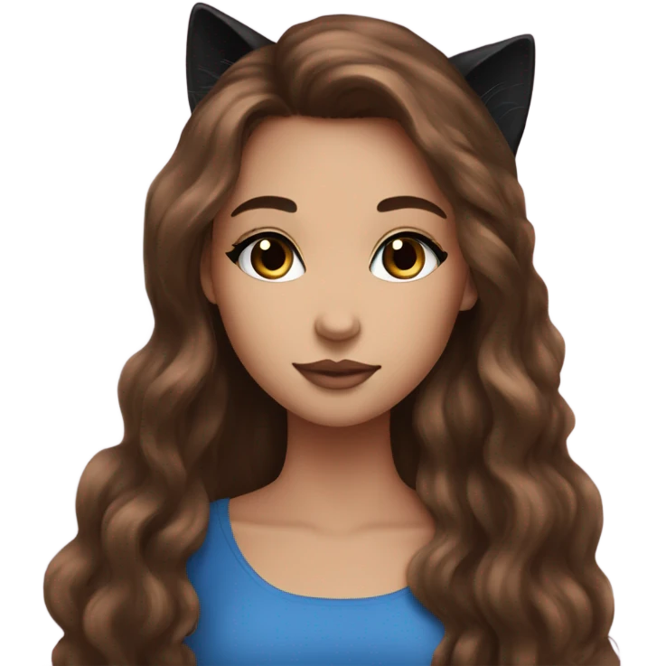 pretty girl brown long hair makeup with black kitten and blue eas emoji