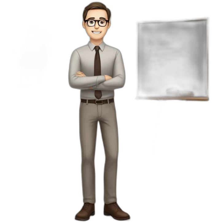 Pale skinned fit man with dark brown hair in gray jacket, beige office shirt, brown tie, brown pants and vintage glasses Writing on the flipchart emoji