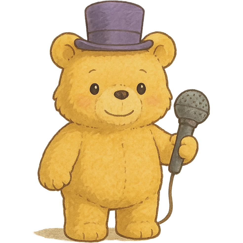 ghibli style yellow bear plushy with a purple top hat and a mic emoji