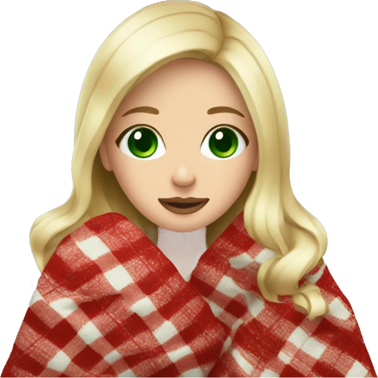 blonde girl green eyes wrapping in christmas blanket sipping coffee emoji