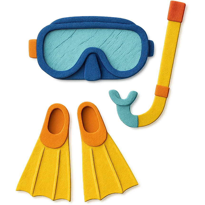 snorkel and flippers arranged as a flat lay with bright colors in paper-craft style emoji