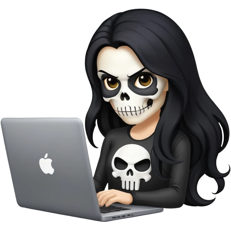 female Punisher skull with long flowing black hair working on a laptop emoji