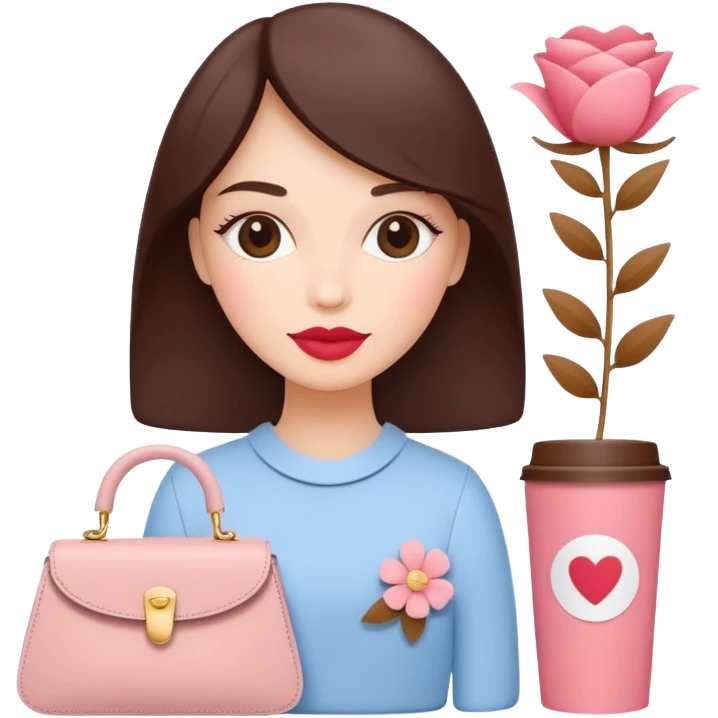 Minimal feminine icon representing girls’ lifestyle, subtle elements of lipstick, coffee cup, flower, handbag merged into one simple symbol, pastel color palette, flat design, modern and friendly, social media–ready. emoji
