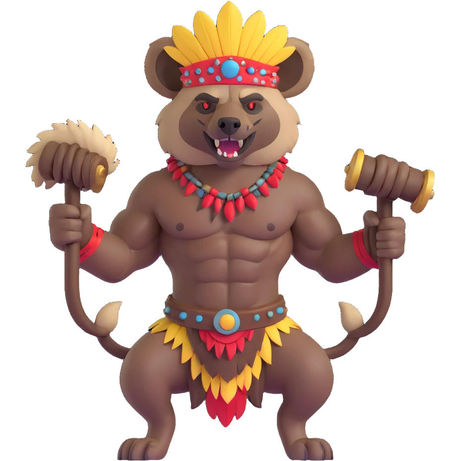 A native strong buff hyena with war bonnet flexing posing full body holding a chopped off human head by the hair  emoji
