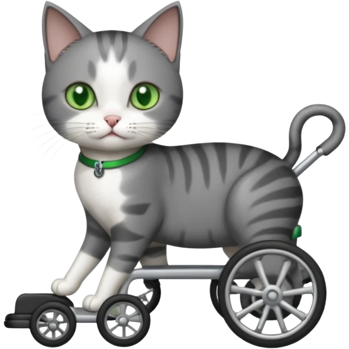 full body small short hair dark grey and white cat with green eyes walking in a wheelchair for cats emoji