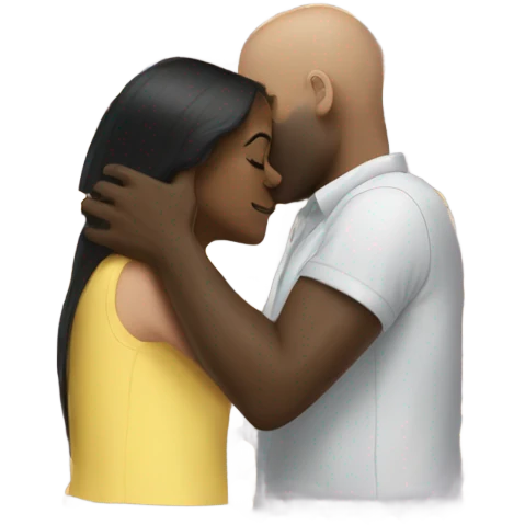 White girl dark hair kissing bald black man emoji