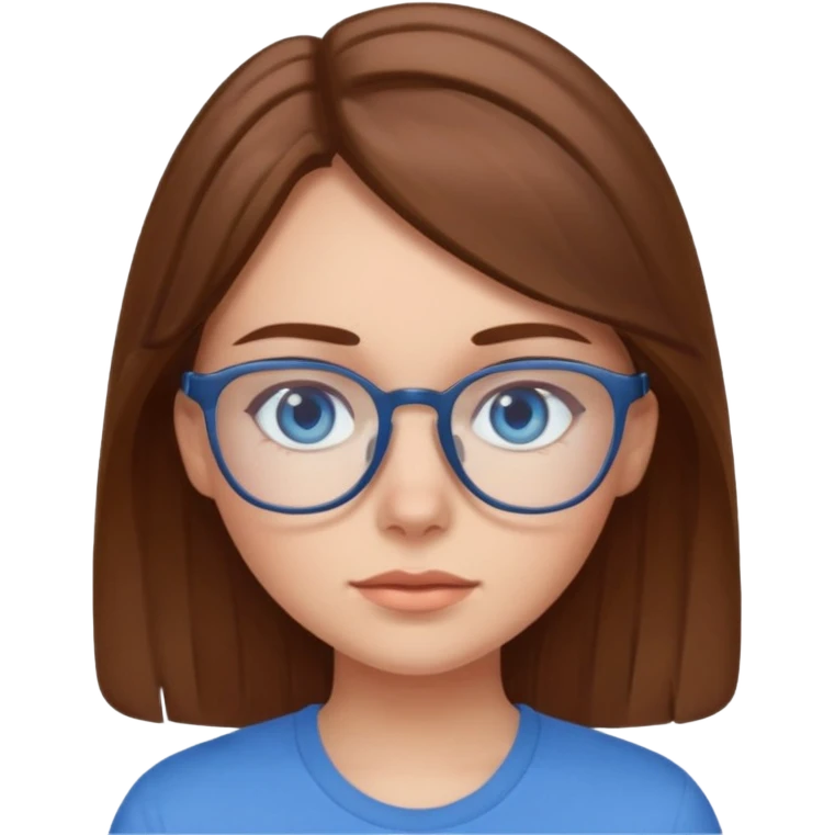 a brown haired girl with blue eyes and glasses with blue shirt that says crush emoji