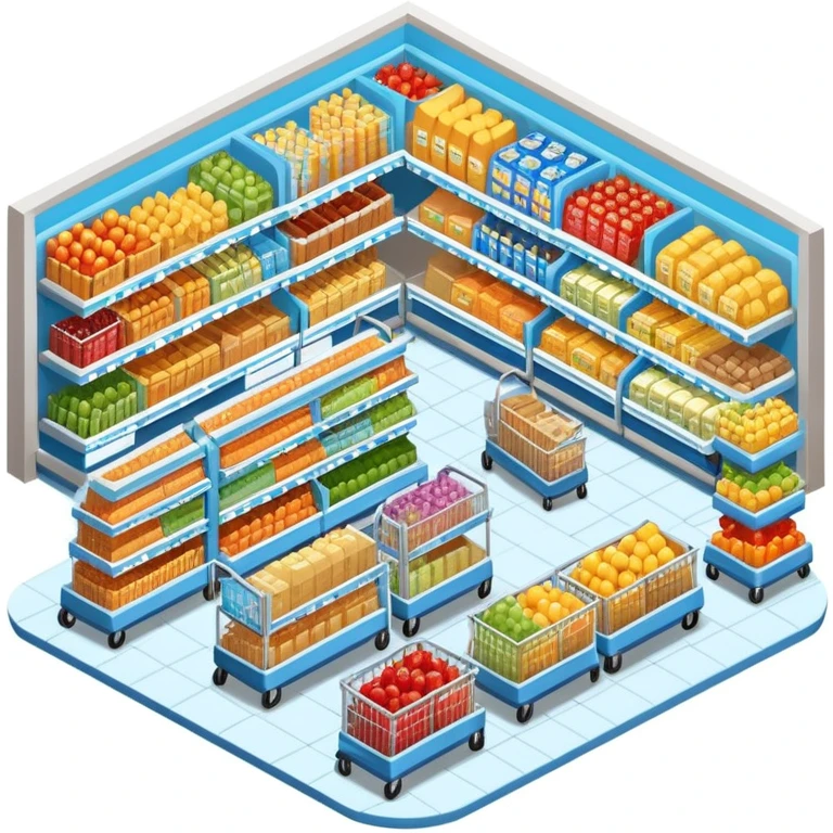 Isometric supermarket with food aisles and shopping carts emoji