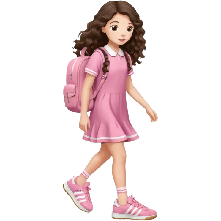 aestethic brunette very,very,very long wavy hair walking with a school backpack (no brand) with a cute pink dress, adidas samba shoes emoji