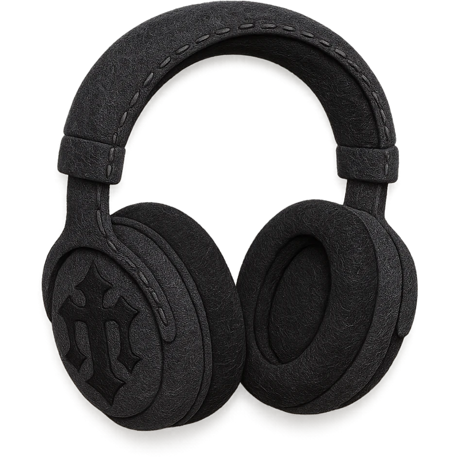 black gothic headphones with stitched gothic patterns and soft textures in felt patch style emoji