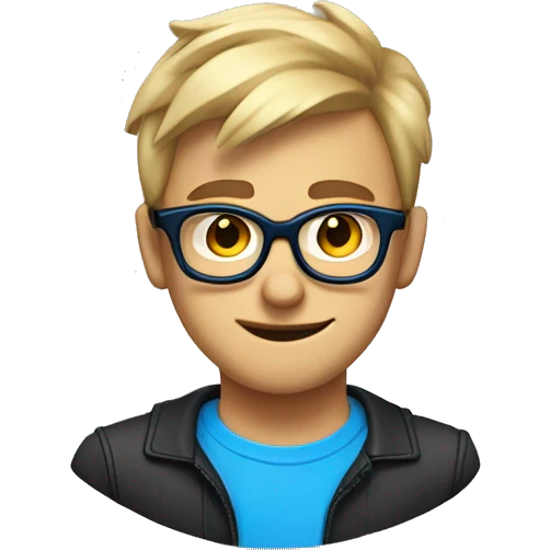 a nerd, with dirty blonde hair, blue and black glasses, with a very devil like smirk on his face. His haircut is a low taper fade emoji