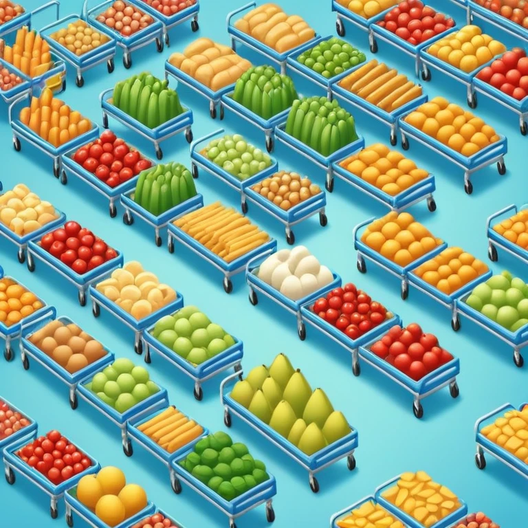 Isometric supermarket with food aisles and shopping carts emoji