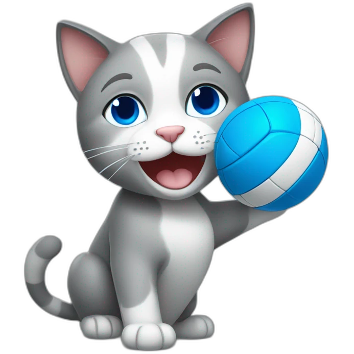 a happy gray cat with blue eyes and a volleyball emoji