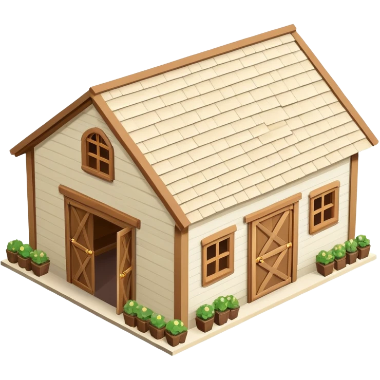 Equestrian stable exterior, isometric dollhouse-style, realistic emoji