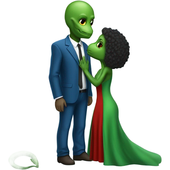 Beatiful tall green skin female reptilian in red dress, kissing white man in blue dress, full figure, full body emoji