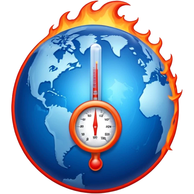 Blue Earth sphere, tilted. Prominent, oversized, fiery red thermometer/gauge, embedded. Indicator peaking 'danger' zone. Stylized orange/red heat waves/wisps rising from top half. Strong blue/red contrast emoji