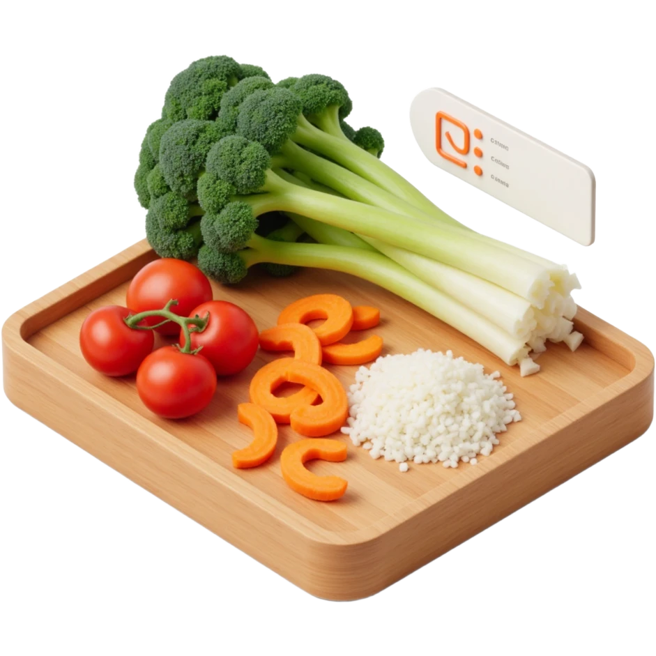 Ingredients on teh wooden cutting board with floating list with check box emoji