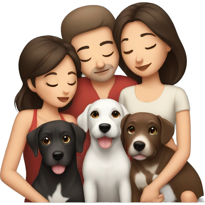 dark brown haired woman kissing bald man with 3 dogs emoji