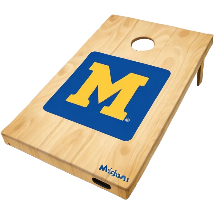 Cornhole board blue and yellow with Michigan “M” With a  cornhole bag emoji